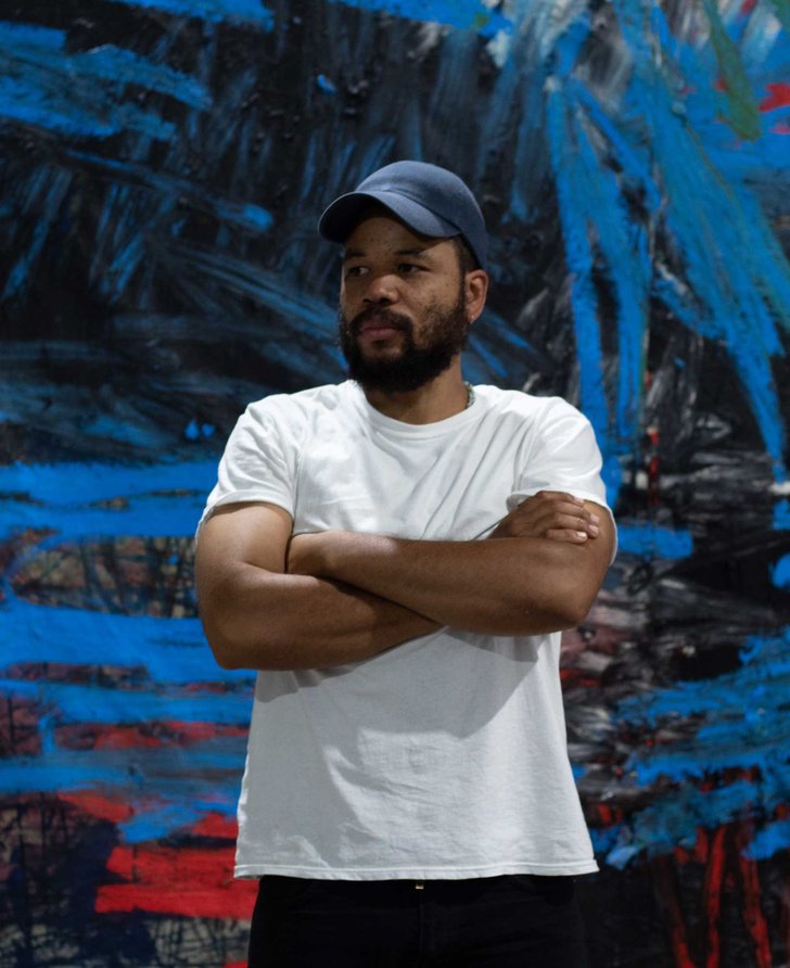Oscar Murillo in front of his artwork. Photograph: Julian Valderrama, September 2020. Courtesy the Artist and David Zwirner