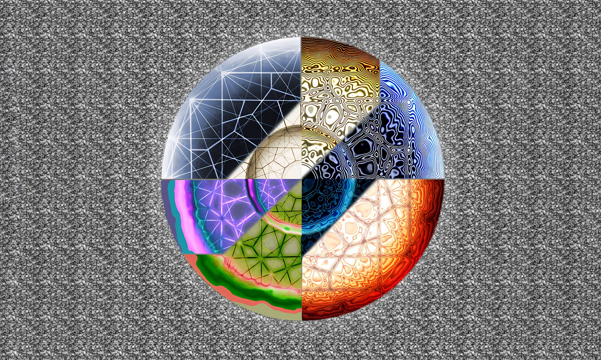 Digitised drawing by Abbas Zahedi, 'anything goes', 2014, 2023, doubled up. A background of black and white repeated textured noise and two circles divided into quaters of varying colours and textures, including geometric webs and ripple effects.