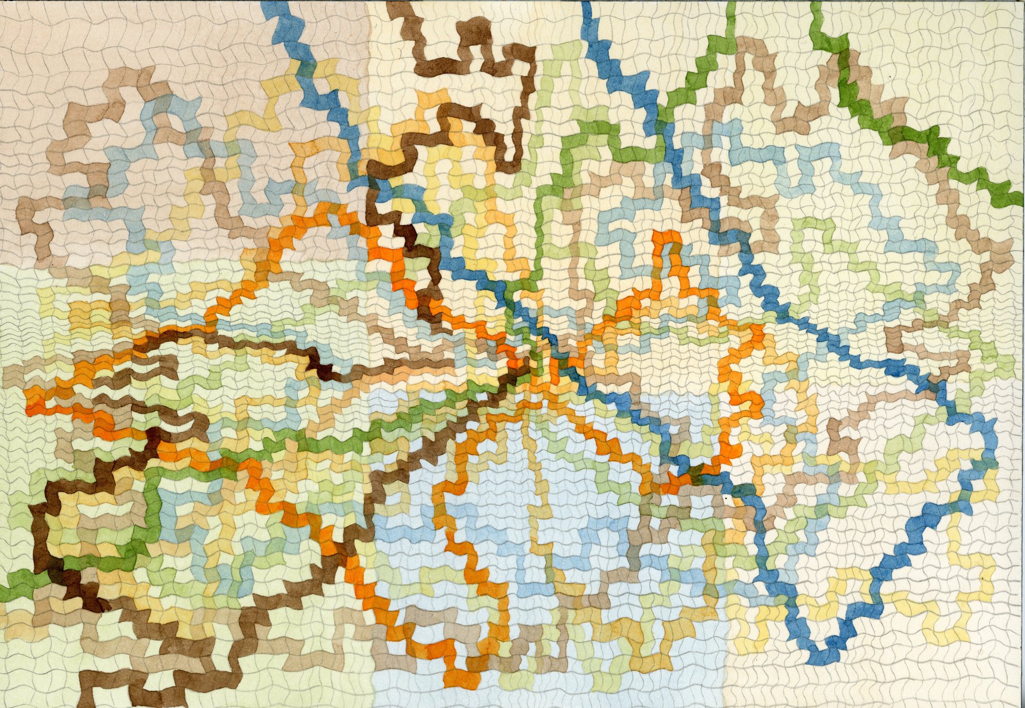 A drawing of wonky grids coloured in to form wavy, glitchy lines that weave across the page.