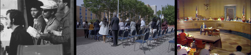 Stills of Naeem Mohaiemen's three-chanel film THROUGH A MIRROR DARKLY 2025. Image 1: a still of black and white archive footage depicting people in a crowd outside. Image 2: A crowd of people stand among rows of chairs at an outdoor memorial event. Image 3: Archive footage of a courtroom scene