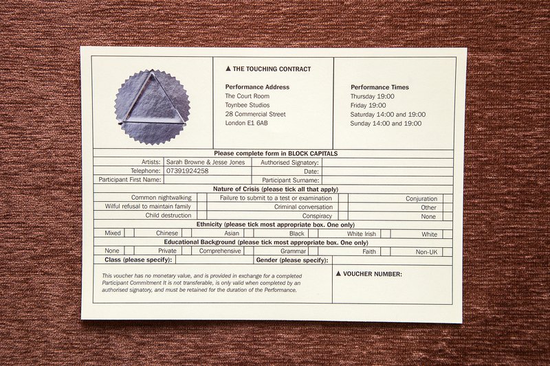 Image: Voucher for The Touching Contract, London (2016). Photograph: Miriam O'Connor