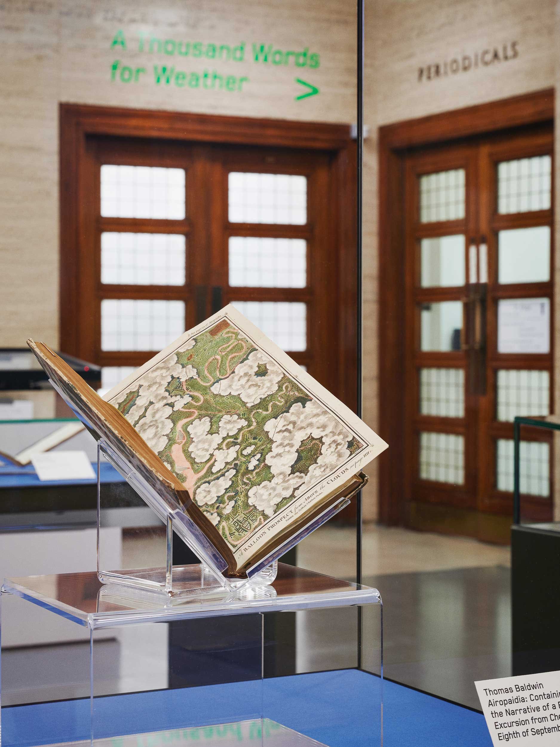 Weather Notes exhibition installed inside Senate House Library, London for A Thousand Words for Weather (2022). Courtesy of Artangel and Senate House Library. Photograph: Francesco Russo